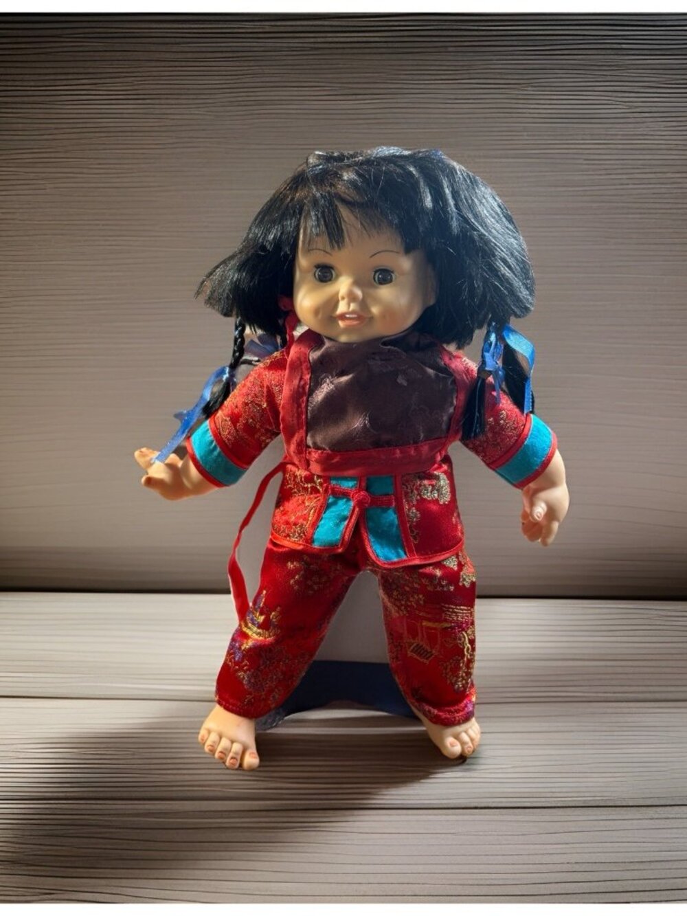 Vintage CHINA DOLLS CO Baby Doll 1999 Oriental 14" tall  In red 3 Pc outfit
